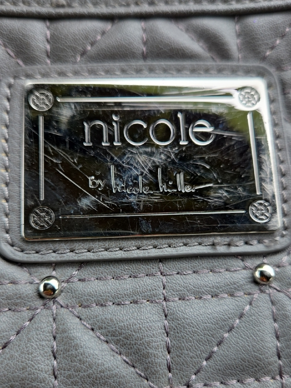 Nicole Miller Quilted Gray Crossbody Bag with Stud Detail ☆ Silver Metal Accents - Picture 3 of 16